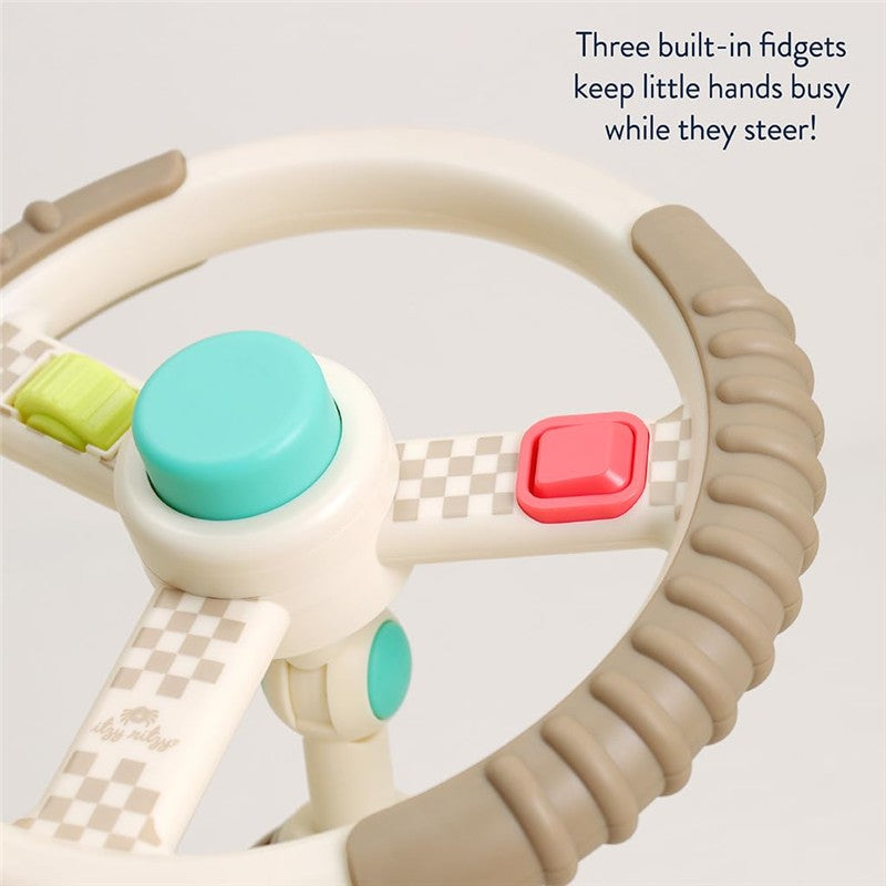 Taupe Itzy Ritzy Driver Travel Steering Wheel with three fidget buttons for toddlers to play with while steering.