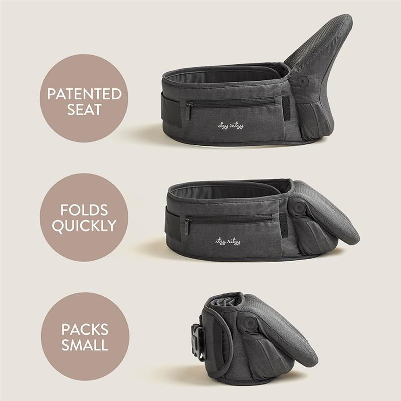 Hip seat baby carrier by Itzy Ritzy featuring a patented seat, foldable design, and compact storage capability.