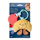 Plush Itzy Pal baby teething toy featuring a croissant design, attached to a silicone teether and colorful tags.