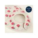Bibs with a strawberries and cream pattern featuring an adjustable snap closure.