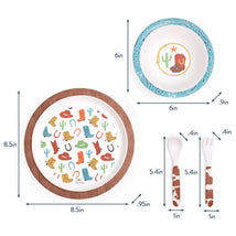 Itzy Ritzy Giddy Up! 4Pk Dining Set includes a large plate with cowboy boot designs, a bowl, and utensils.