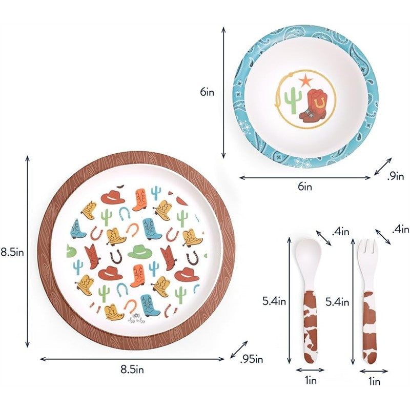 Bistro dining set featuring a large round plate with cowboy-themed graphics, a smaller bowl, and matching utensils.