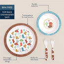 Bistro dining set featuring melamine plates with cowboy patterns, and utensils designed for small hands.