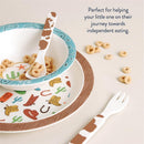Bistro 4-piece dining set with cowboy theme, includes colorful bowl, plate, spoon, and fork, ideal for toddlers.