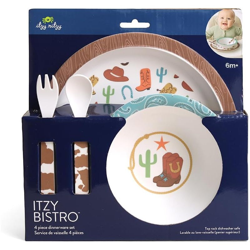 Four-piece dining set for children featuring cowboy-themed designs, including plates and utensils, in packaging.