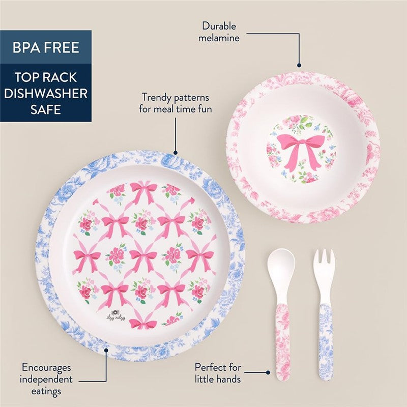 Bistro dining set including a floral plate, bowl, and utensils designed for children, featuring pink and blue patterns.