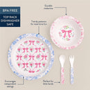 Bistro dining set including a floral plate, bowl, and utensils designed for children, featuring pink and blue patterns.