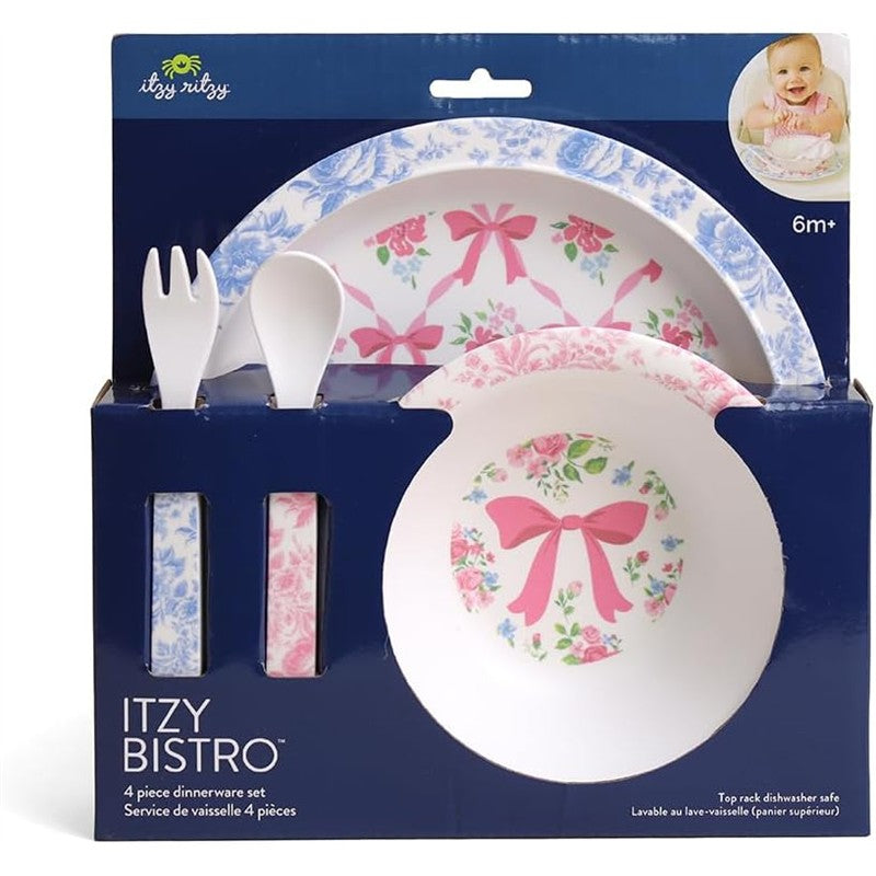Itzy Ritzy Bistro 4-piece dining set in Ribbons & Roses design, includes plates and utensils for children 6 months+.