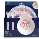 Itzy Ritzy Bistro 4-piece dining set in Ribbons & Roses design, includes plates and utensils for children 6 months+.