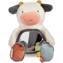 Soft cow-themed mirror with colorful tags, designed for infants to encourage visual exploration and self-recognition.