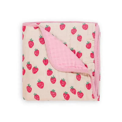 Itzy Blanket™ featuring a strawberries and cream design, with pink trim and a soft, patterned fabric.