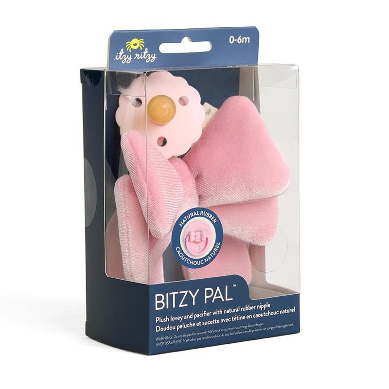 Plush Bitzy Pal lovey and pacifier set in pink, made with natural rubber, suitable for ages 0-6 months.