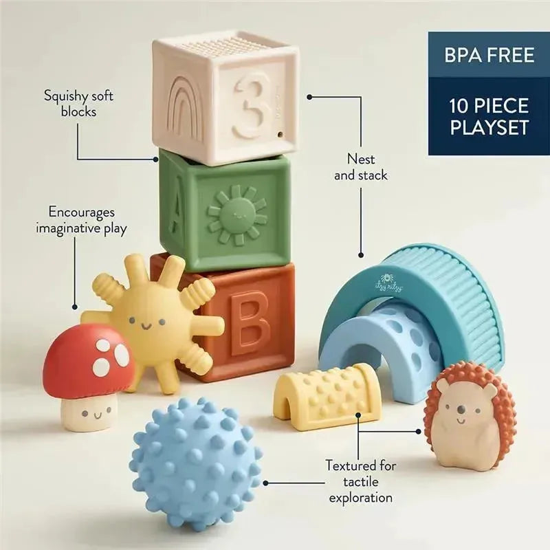 BPA-free 10-piece Itzy Blocks™ playset, including colorful squishy blocks and textured toys for imaginative play.