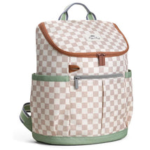 Big kid backpack by Itzy Ritzy in a checkered beige and white pattern, featuring a brown zipper and green accents.
