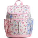 Light pink backpack featuring floral patterns and bows, two side pockets, and a front zipper compartment.