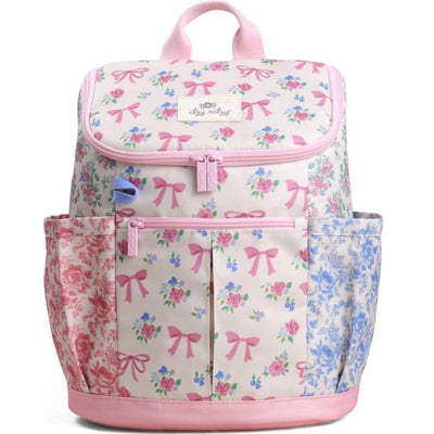 Light pink backpack featuring floral patterns and bows, two side pockets, and a front zipper compartment.