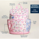School backpack features floral and ribbon patterns, a roomy main compartment, easy carry top handle, side pockets, and a large zippered pocket.