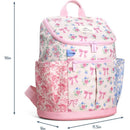 Big kids backpack featuring a floral design with ribbons in pink, blue, and cream, measuring 16x11.5x9 inches.