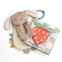 Itzy Ritzy Learn & Snuggle Gift Set featuring a bunny plush toy and a colorful strawberry-themed soft book.