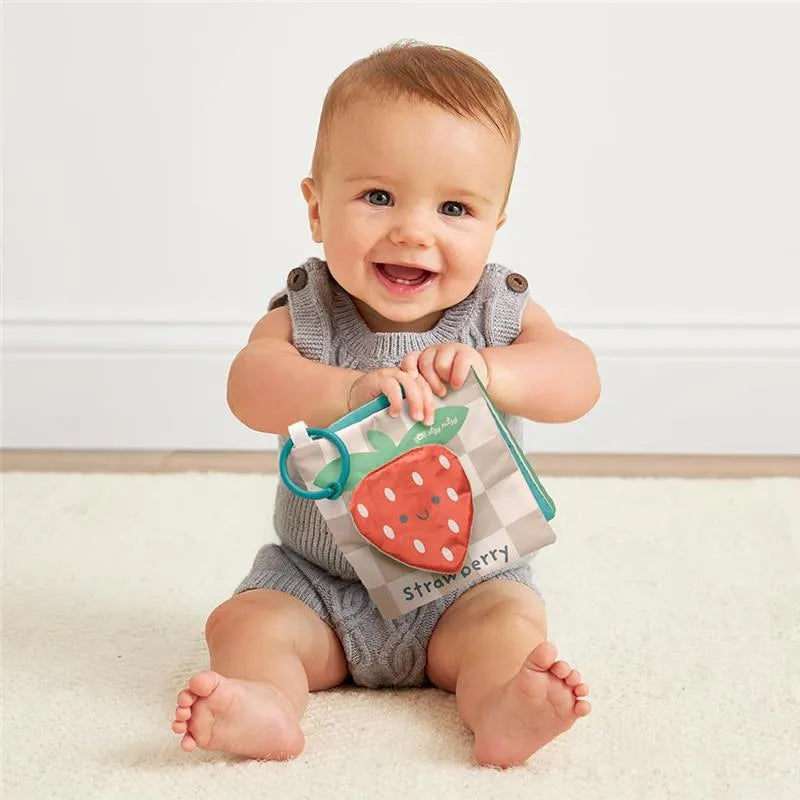 Smiling baby in a gray knitted outfit holding a soft strawberry-themed toy with a handle.