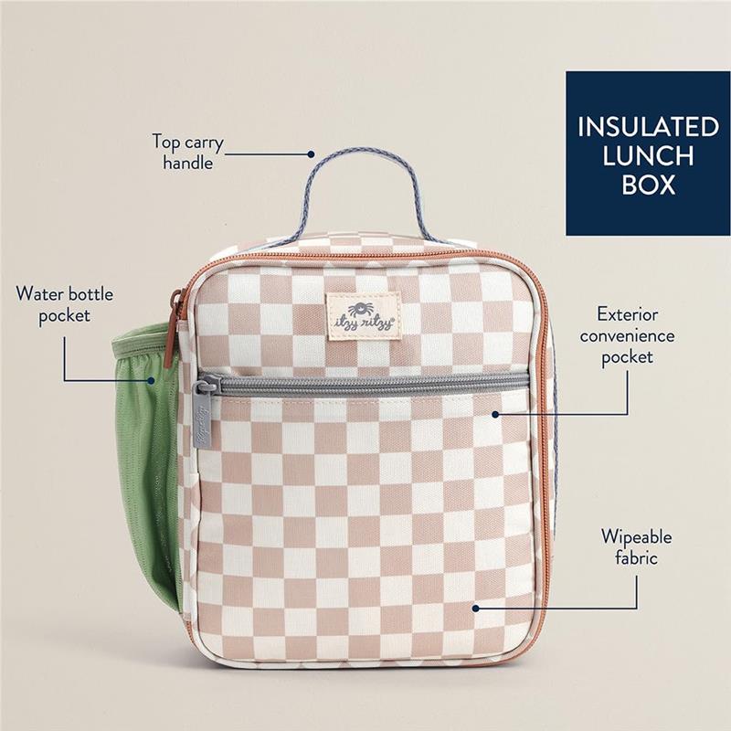 Insulated Itzy Ritzy toddler lunch box in a checkered pattern, featuring a top handle, water bottle pocket, and exterior pocket.