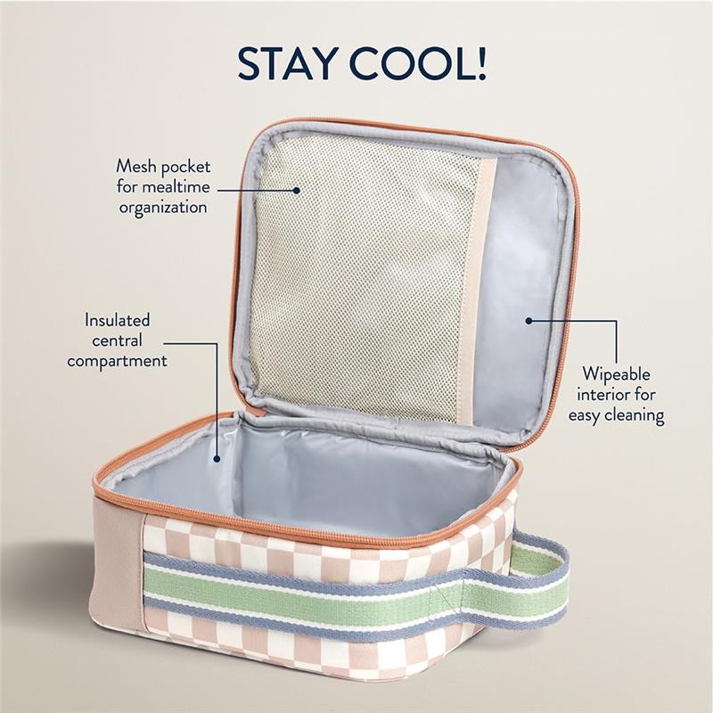 Toddler lunch box with insulated compartment, mesh pocket, and wipeable interior, featuring a checkered design.