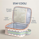 Toddler lunch box with insulated compartment, mesh pocket, and wipeable interior, featuring a checkered design.