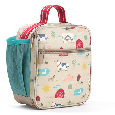 Toddler lunch box bag featuring a farm friends design with cows, pigs, barns, and vibrant colors, equipped with a mesh pocket.