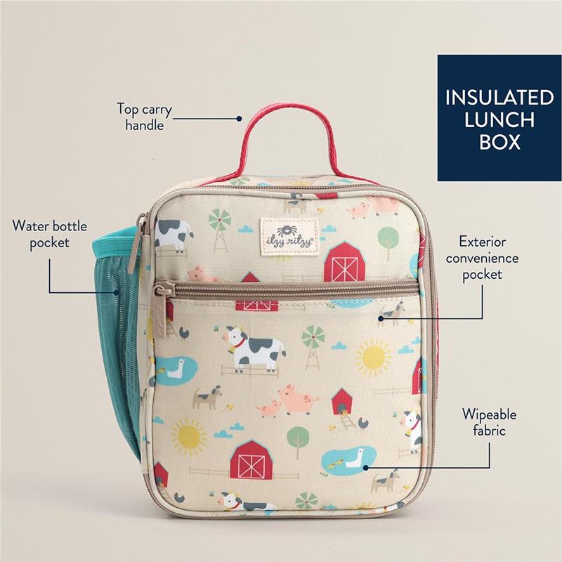 Insulated toddler lunch box featuring a farm animal design, top carry handle, and exterior convenience pocket.