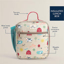 Insulated toddler lunch box featuring a farm animal design, top carry handle, and exterior convenience pocket.