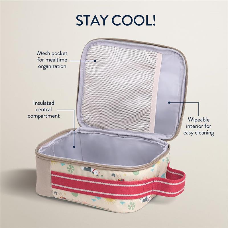 Itzy Ritzy Itzy Lunch Box™ for toddlers, featuring a colorful farm friends design, insulated compartment, and mesh pocket.