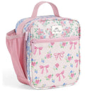 Toddler lunch box by Itzy Ritzy, featuring a floral pattern with pink bows, light pink accents, and a carrying handle.