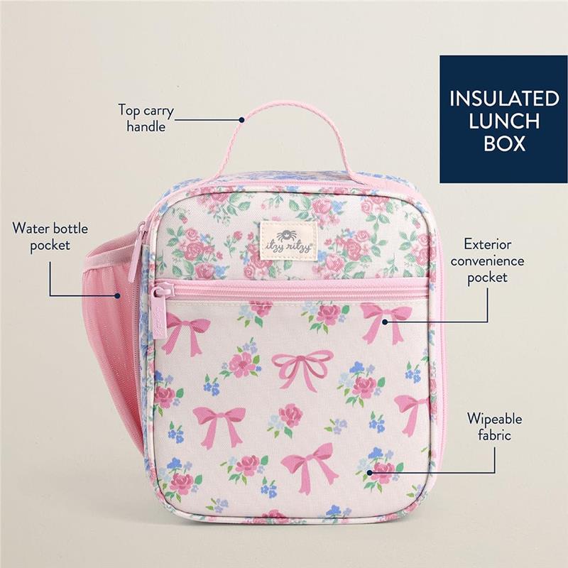 Insulated toddler lunch box by Itzy Ritzy, featuring floral patterns, a top handle, water bottle pocket, and convenience pocket.