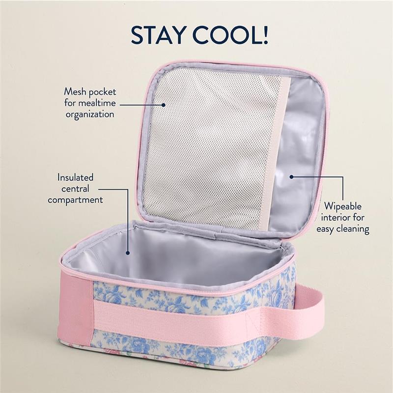 Toddler lunch box in ribbons and roses design, featuring an insulated compartment, mesh pocket, and wipeable interior.