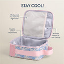 Toddler lunch box in ribbons and roses design, featuring an insulated compartment, mesh pocket, and wipeable interior.