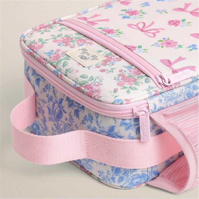 Toddler lunch box featuring a floral design with pink ribbons, zippered closure, and a convenient handle.