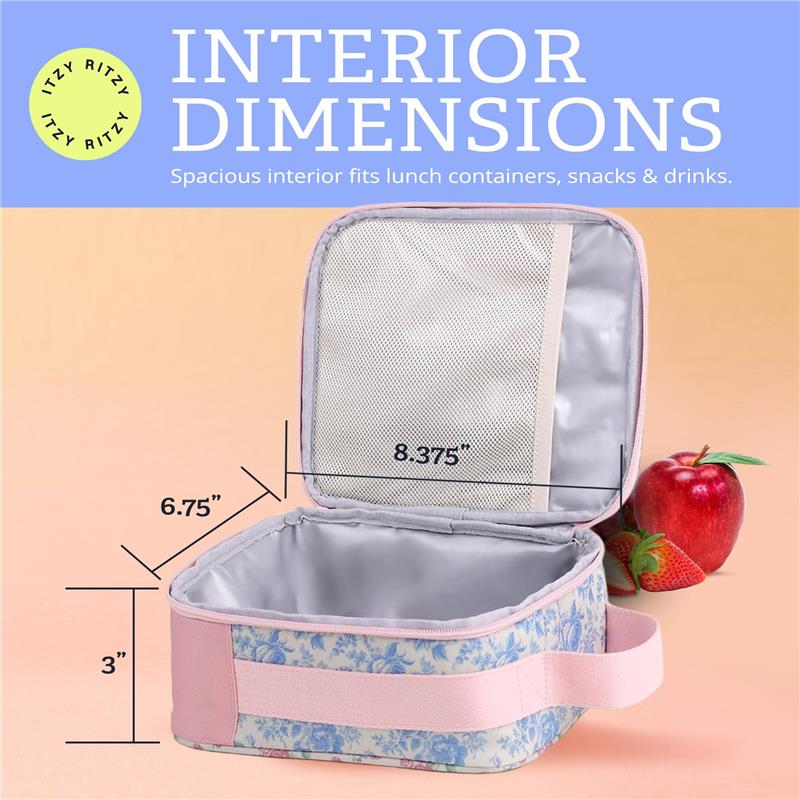 Spacious Itzy Ritzy Itzy Lunch Box™ with floral design; interior dimensions and an apple shown for scale.
