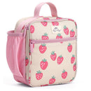 Toddler lunch box bag featuring a strawberries and cream pattern with a pink handle and side mesh pocket.