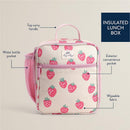 Insulated toddler lunch box featuring a strawberries and cream design, with a top handle and pockets for convenience.