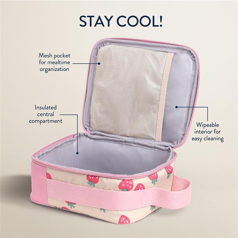 Insulated Itzy Ritzy lunch box with a strawberries and cream design, features a mesh pocket and wipeable interior.