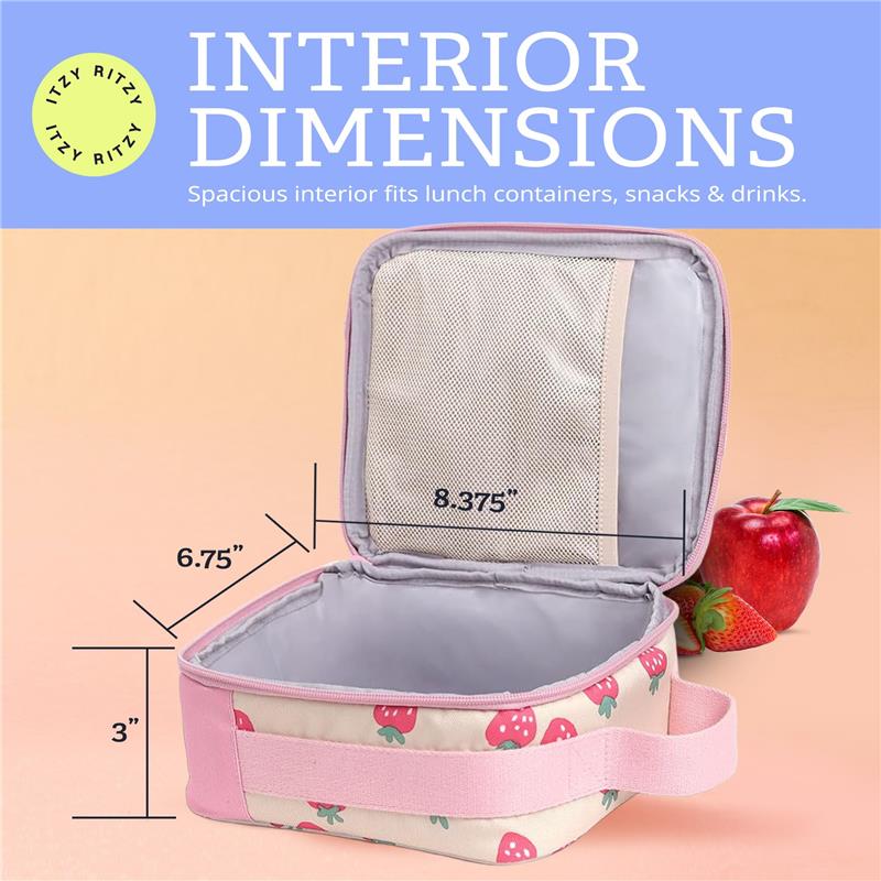 Itzy Ritzy Itzy Lunch Box™ toddler bag with strawberries and cream design, showing dimensions and spacious interior for snacks.