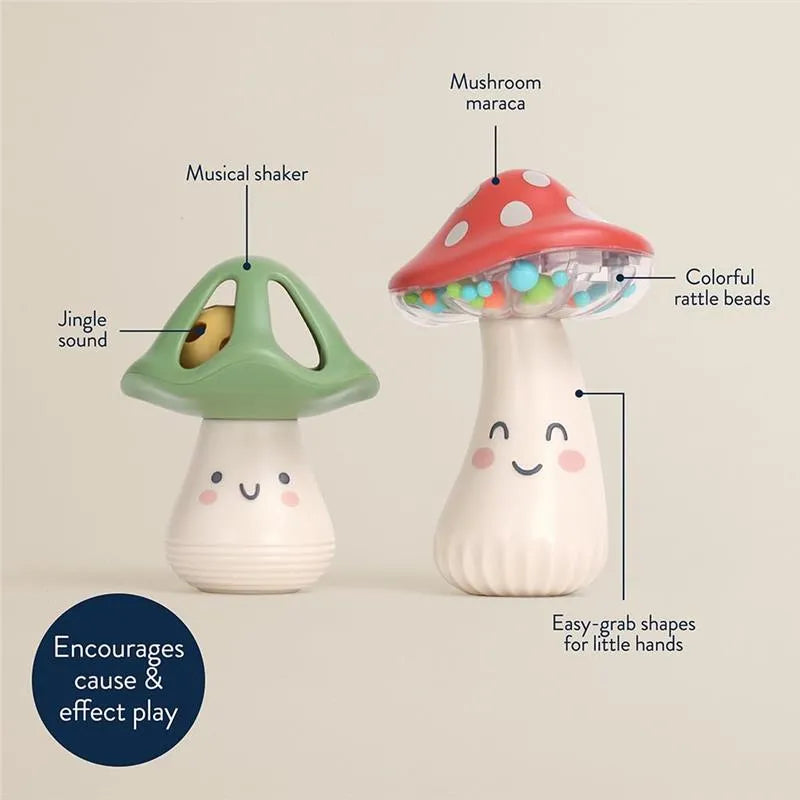 Mini maracas in mushroom shapes, featuring a jingle sound and colorful rattle beads, designed for small hands to encourage play.