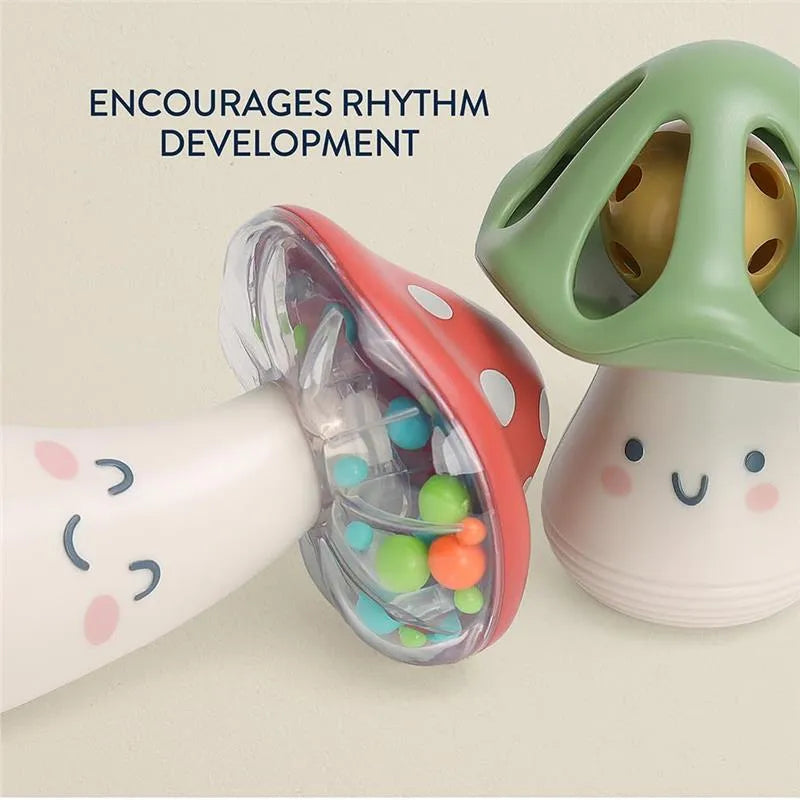 Itzy Ritzy Mini Maracas featuring a smiling mushroom design; encourages rhythm development with colorful inner beads.