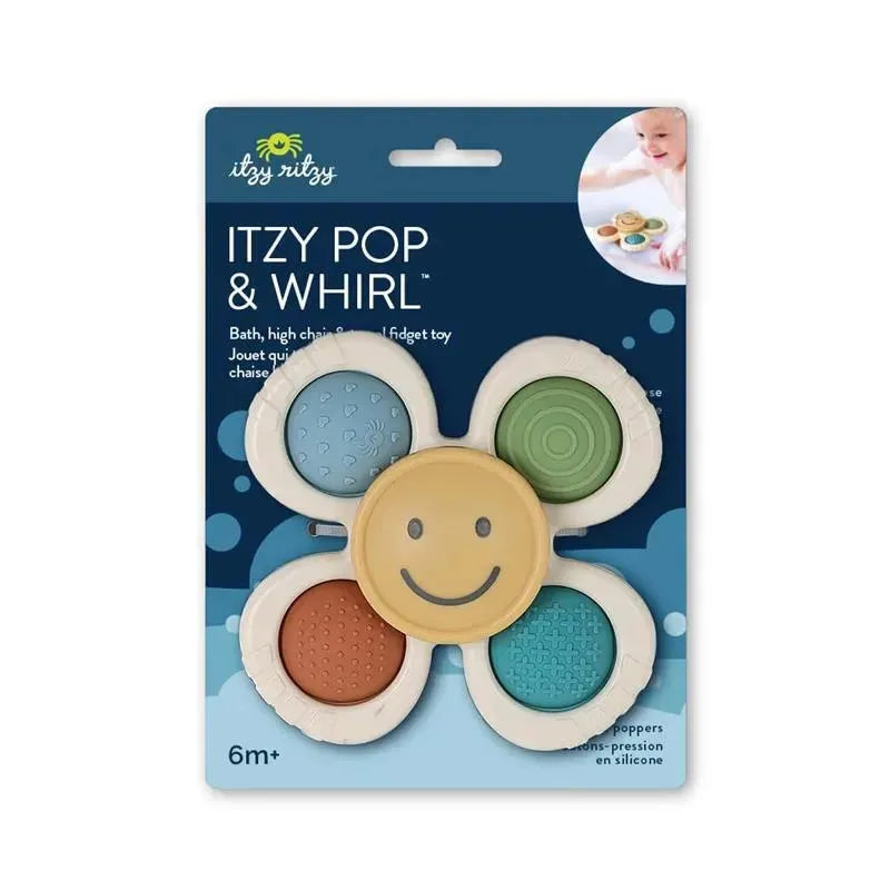 Colorful Itzy Ritzy Pop & Whirl silicone fidget toy featuring a smiling face, designed for bath and high chair use, suitable for ages 6 months and up.