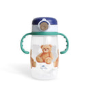 Straw cup with a snap-close lid featuring a teddy bear design, blue top, and green handles, ideal for kids.