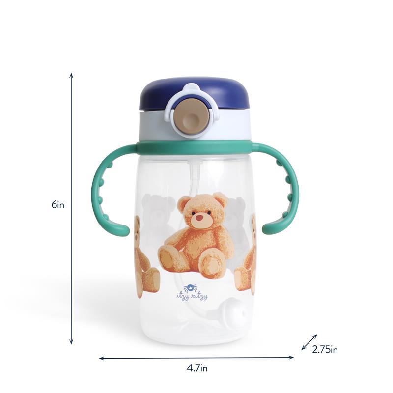 Straw cup with a snap-close lid, featuring a teddy bear design, measuring 6 inches tall and 4.7 inches wide.