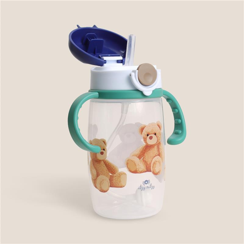 Itzy Ritzy Itzy Sips Straw Cup features a snap-close lid, handle grips, and teddy bear designs on a clear body.