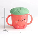 Itzy Snack Cup™ in a strawberry shape with a green lid, featuring handles and a happy face. Dimensions: 4.13 in height, 5.3 in width.