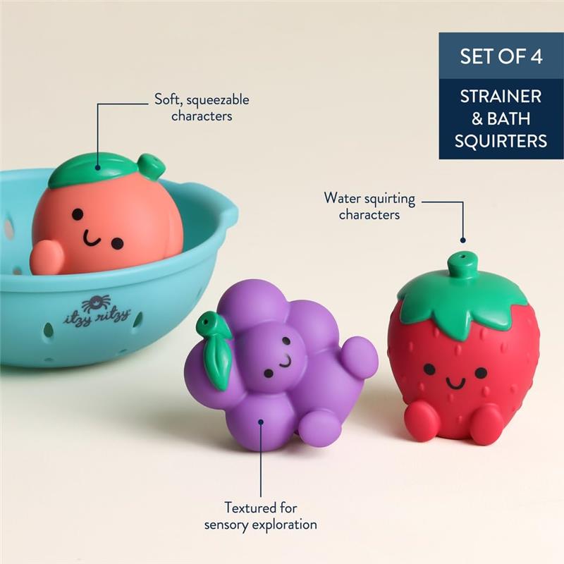 Soft, squeezable fruit bath toys including a peach, grape, and strawberry in a turquoise strainer, designed for sensory play.