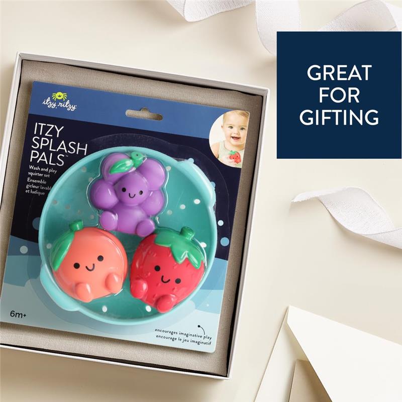 Itzy Ritzy Itzy Splash Pals™ bath toy set includes three colorful squishy fruit-shaped characters for imaginative play.